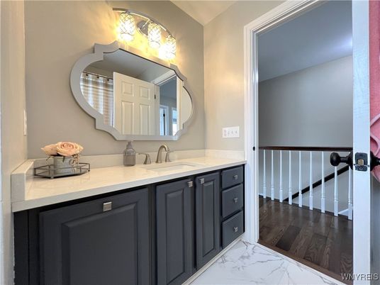 Bathroom, Dual Sink Vanities, Interior, Marble, Wood Texture Flooring