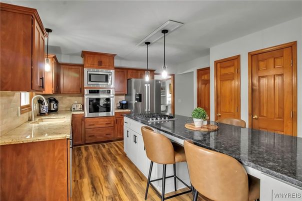 Interior, Kitchen, Pendant Lights, Stainless Steel Appliances, Wood Texture Flooring