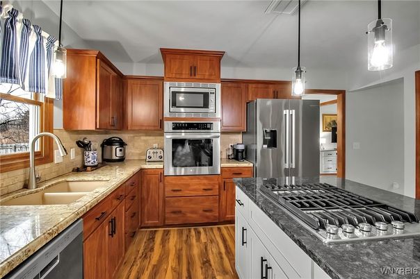 Interior, Kitchen, Pendant Lights, Stainless Steel Appliances, Wood Texture Flooring