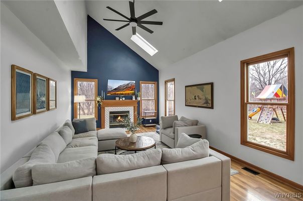 Fireplace, Interior, Living room, Pendant Lights, Wood Texture Flooring