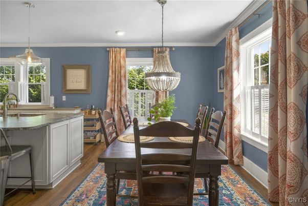 Dining room, Interior, Pendant Lights, Recessed Lighting, Wood Texture Flooring