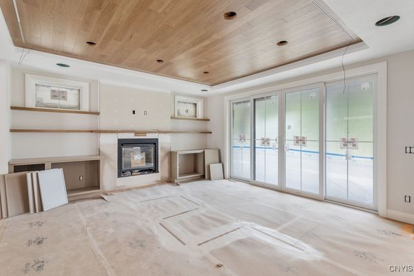 Empty room, Fireplace, Interior, Recessed Lighting, Wooden Ceilings
