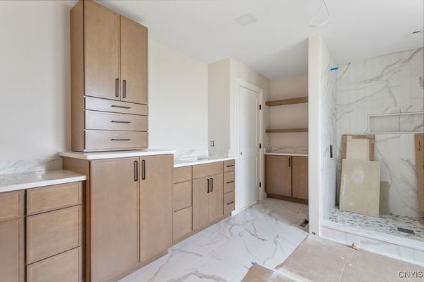 Bathroom, Dual Sink Vanities, Glass Shower, Interior, Marble, Marble Walls