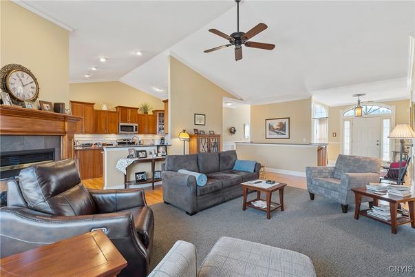 Fireplace, Interior, Kitchen, Living room, Recessed Lighting, Stainless Steel Appliances