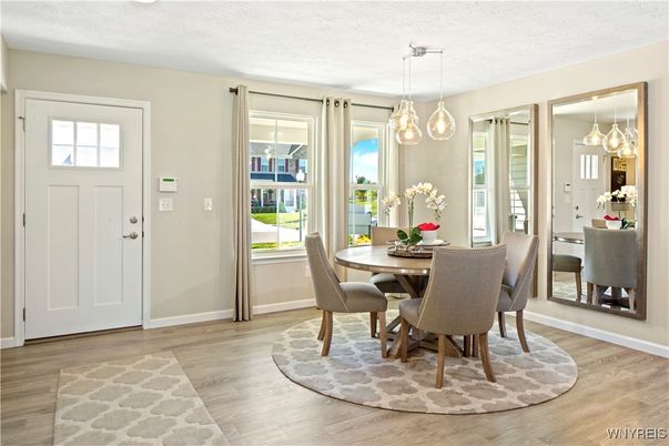 Dining room, Interior, Pendant Lights, Wood Texture Flooring
