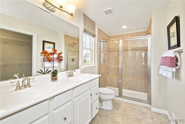 Bathroom, Dual Sink Vanities, Glass Shower, Interior, Recessed Lighting