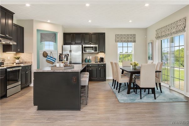 Dining room, Interior, Kitchen, Recessed Lighting, Stainless Steel Appliances, Wood Texture Flooring
