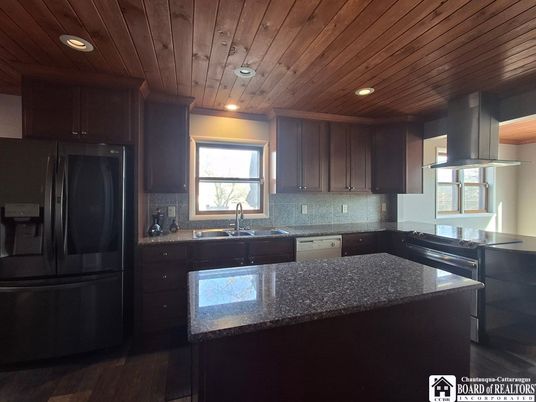 Interior, Kitchen, Recessed Lighting, Wooden Ceilings, Wood Texture Flooring