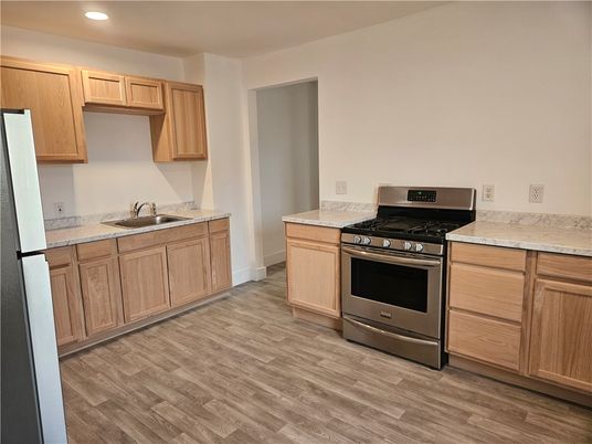 Interior, Kitchen, Recessed Lighting, Stainless Steel Appliances, Wood Texture Flooring