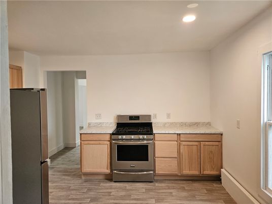 Interior, Kitchen, Recessed Lighting, Stainless Steel Appliances, Wood Texture Flooring