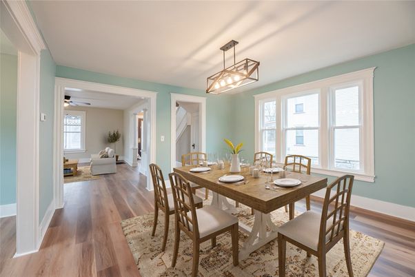 Dining room, Interior, Living room, Pendant Lights, Wood Texture Flooring