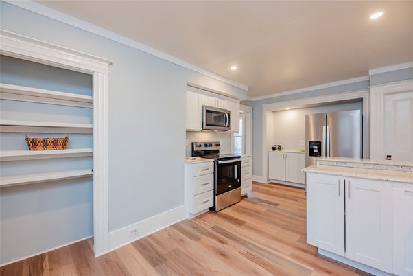 Interior, Kitchen, Recessed Lighting, Stainless Steel Appliances, Wood Texture Flooring