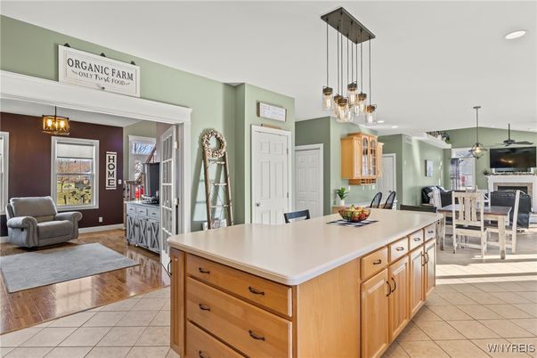 Dining room, Fireplace, Interior, Kitchen, Living room, Pendant Lights, Recessed Lighting, Wood Texture Flooring