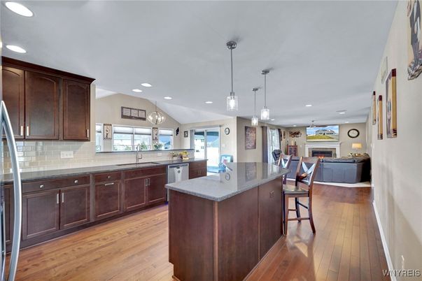 Dining room, Fireplace, Interior, Kitchen, Living room, Pendant Lights, Recessed Lighting, Wood Texture Flooring