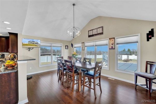 Dining room, Interior, Pendant Lights, Recessed Lighting, Wood Texture Flooring
