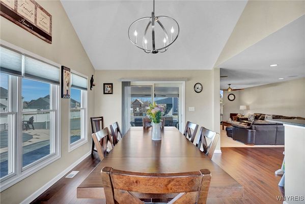Dining room, Interior, Living room, Pendant Lights, Recessed Lighting, Wood Texture Flooring