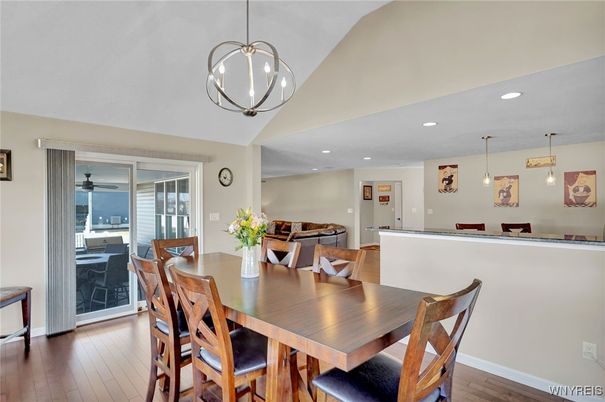Dining room, Interior, Pendant Lights, Recessed Lighting, Wood Texture Flooring