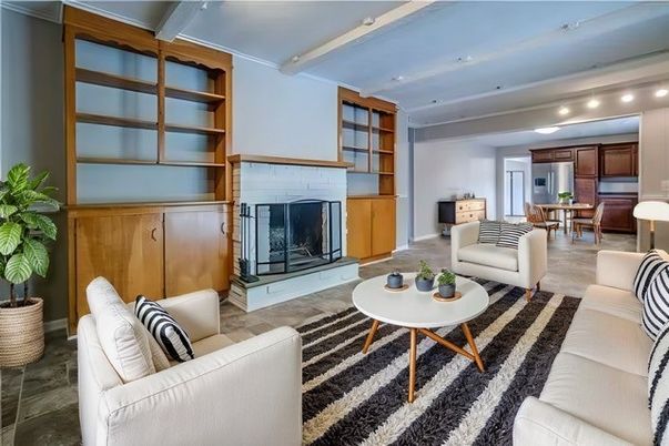 Dining room, Fireplace, Interior, Living room, Recessed Lighting