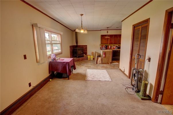Dining room, Fireplace, Interior, Pendant Lights