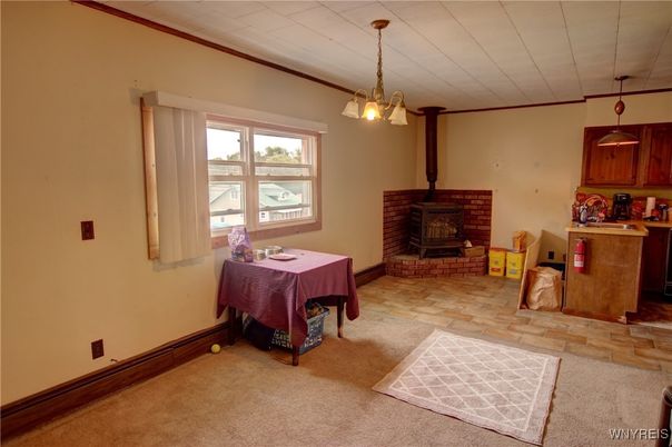 Dining room, Fireplace, Interior, Pendant Lights, Wooden Walls