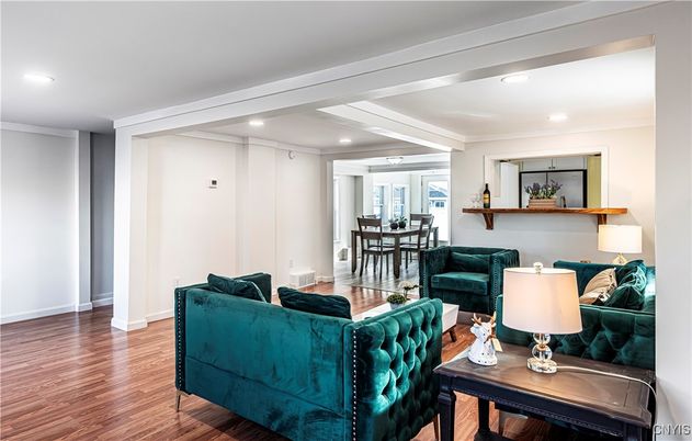 Dining room, Interior, Living room, Recessed Lighting, Wood Texture Flooring