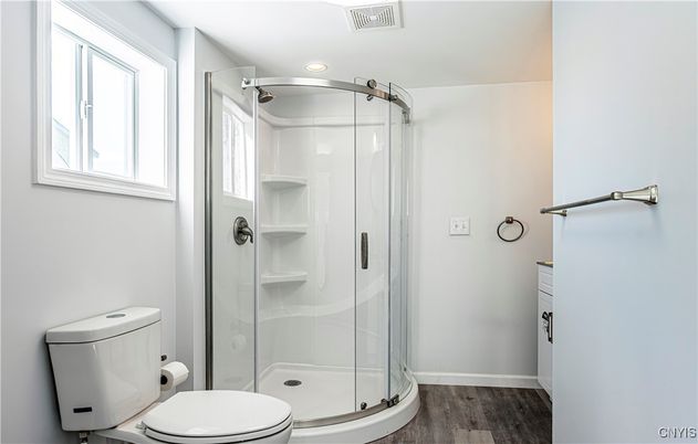 Bathroom, Glass Shower, Interior, Recessed Lighting, Wood Texture Flooring