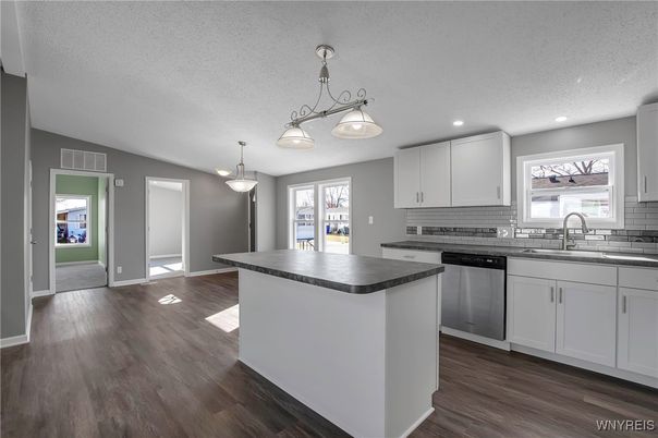 Interior, Kitchen, Pendant Lights, Recessed Lighting, Wood Texture Flooring
