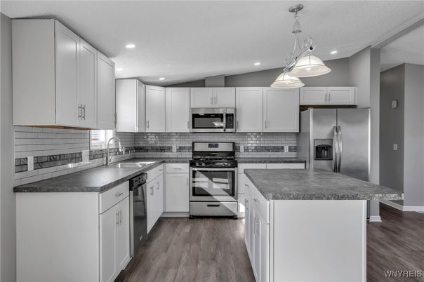 Interior, Kitchen, Pendant Lights, Recessed Lighting, Stainless Steel Appliances, Wood Texture Flooring