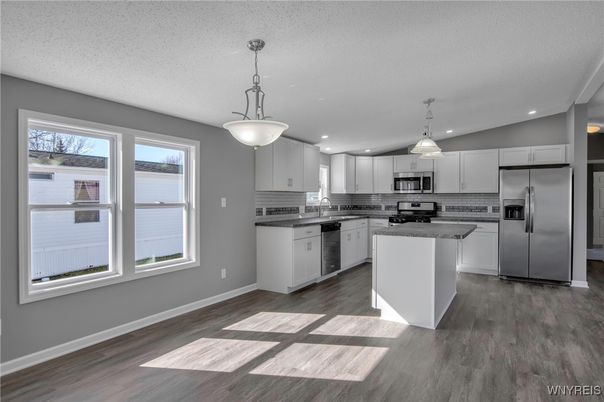 Interior, Kitchen, Pendant Lights, Recessed Lighting, Stainless Steel Appliances, Wood Texture Flooring