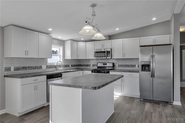 Interior, Kitchen, Pendant Lights, Recessed Lighting, Stainless Steel Appliances, Wood Texture Flooring