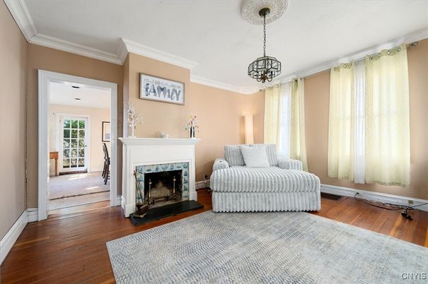 Fireplace, Interior, Pendant Lights, Wood Texture Flooring