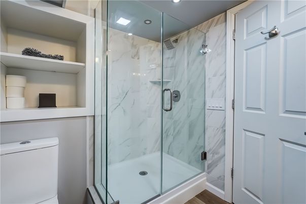 Bathroom, Glass Shower, Interior, Marble Walls, Recessed Lighting