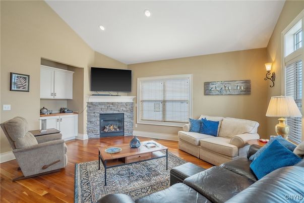 Fireplace, Interior, Living room, Recessed Lighting, Wood Texture Flooring
