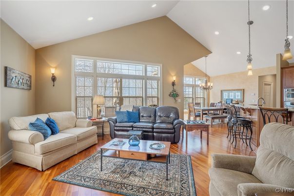 Dining room, Interior, Living room, Pendant Lights, Recessed Lighting, Wood Texture Flooring