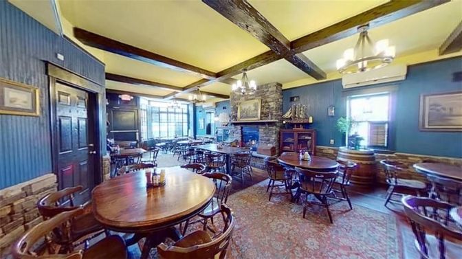 Chandelier, Dining room, Fireplace, Interior, Stone Walls, Wooden Beams