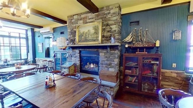 Dining room, Fireplace, Interior, Stone Walls, Wooden Beams, Wood Texture Flooring