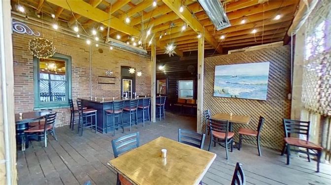 Dining room, Interior, Pendant Lights, Stone Walls, Wooden Beams, Wood Texture Flooring