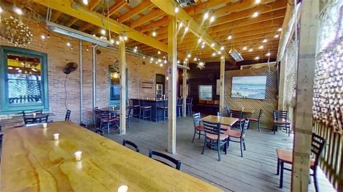 Dining room, Interior, Pendant Lights, Stone Walls, Wooden Beams, Wood Texture Flooring