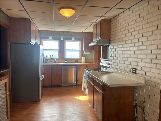Interior, Kitchen, Stone Walls, Wood Texture Flooring