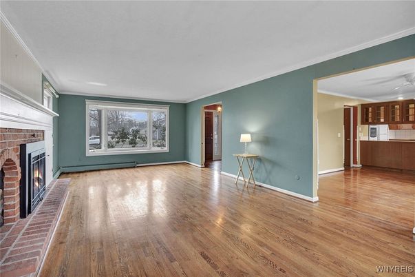 Empty room, Fireplace, Interior, Kitchen, Wood Texture Flooring