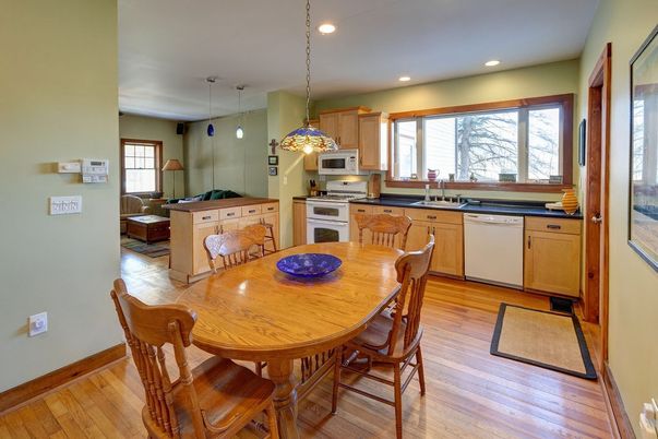 Dining room, Interior, Kitchen, Pendant Lights, Recessed Lighting, Wood Texture Flooring