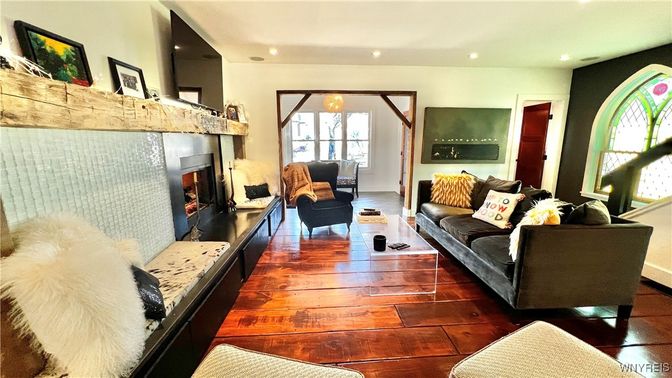 Fireplace, Interior, Living room, Recessed Lighting, Wood Texture Flooring