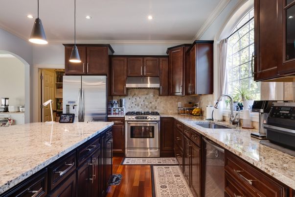 Interior, Kitchen, Pendant Lights, Recessed Lighting, Stainless Steel Appliances, Wood Texture Flooring