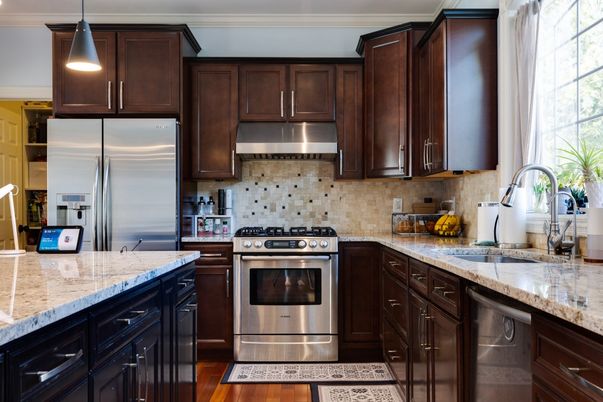 Interior, Kitchen, Pendant Lights, Stainless Steel Appliances, Wood Texture Flooring