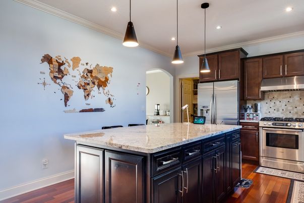 Interior, Kitchen, Pendant Lights, Recessed Lighting, Stainless Steel Appliances, Wood Texture Flooring
