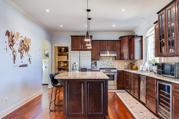 Interior, Kitchen, Pendant Lights, Recessed Lighting, Stainless Steel Appliances, Wood Texture Flooring