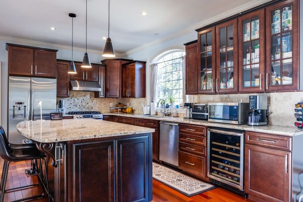 Interior, Kitchen, Pendant Lights, Recessed Lighting, Stainless Steel Appliances, Wood Texture Flooring