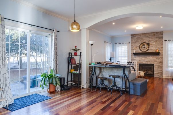 Fireplace, Interior, Pendant Lights, Recessed Lighting, Stone Walls, Wood Texture Flooring