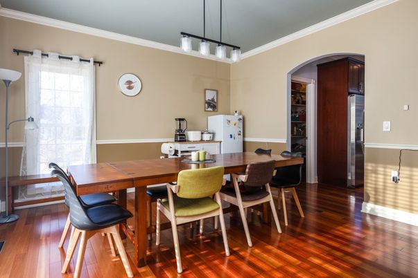 Dining room, Interior, Pendant Lights, Wood Texture Flooring
