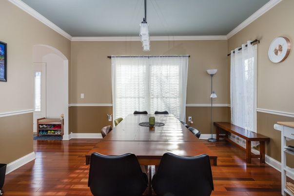 Dining room, Interior, Pendant Lights, Wood Texture Flooring